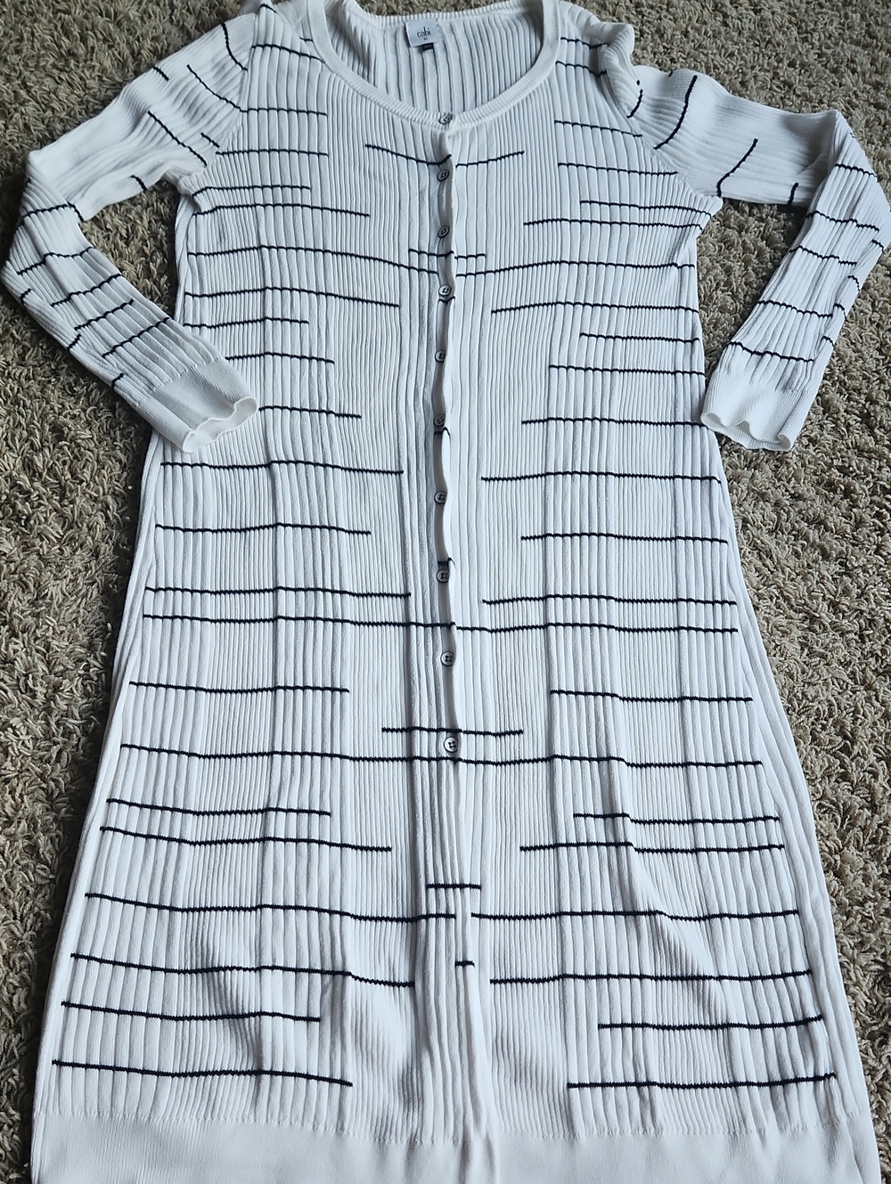 CAbi White Ribbed Long Sleeve Cardigan with Black Stripe Size Medium